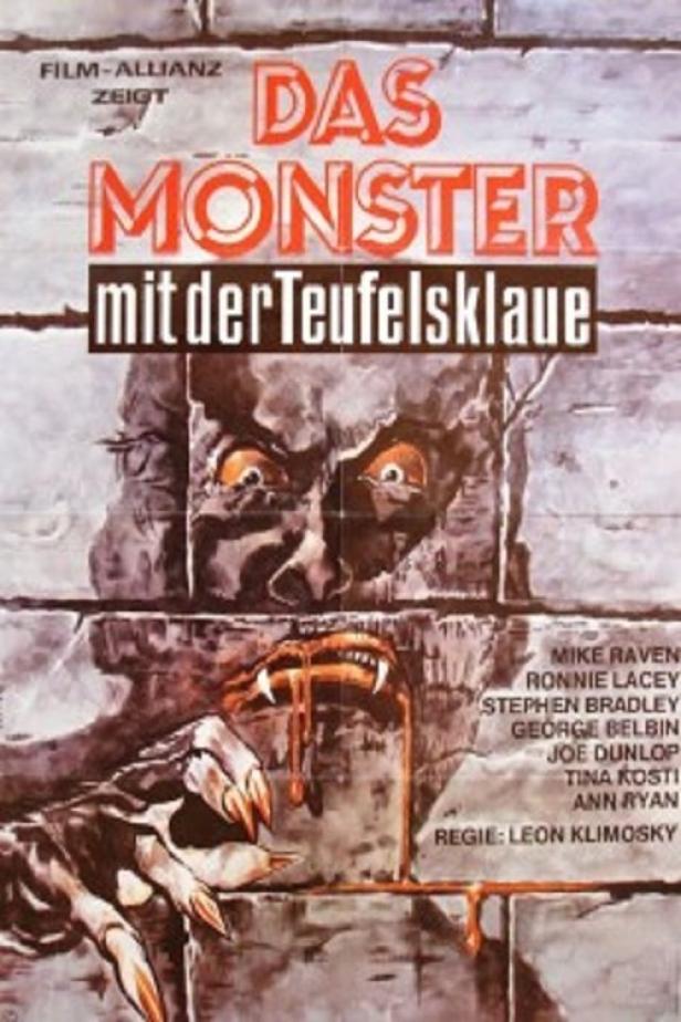 Das Filmplakat für „Das Monster mit der Teufelsklaue“ zeigt ein Monster vor einer Ziegelmauer.