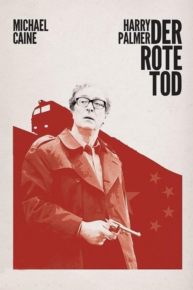Das Filmplakat für „Harry Palmer: Der Rote Tod“ zeigt Michael Caine mit einer Waffe.