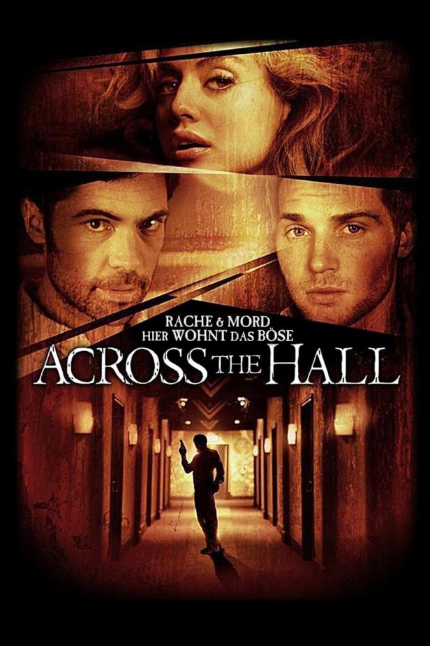 Das Filmplakat für „Across the Hall“ zeigt drei Personen und einen Mann mit einer Waffe in einem Flur.