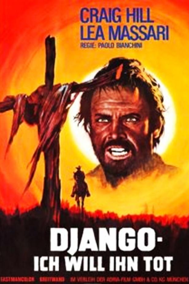 Das Filmplakat für „Django – Ich will ihn tot“ zeigt Craig Hill vor einem roten Himmel.