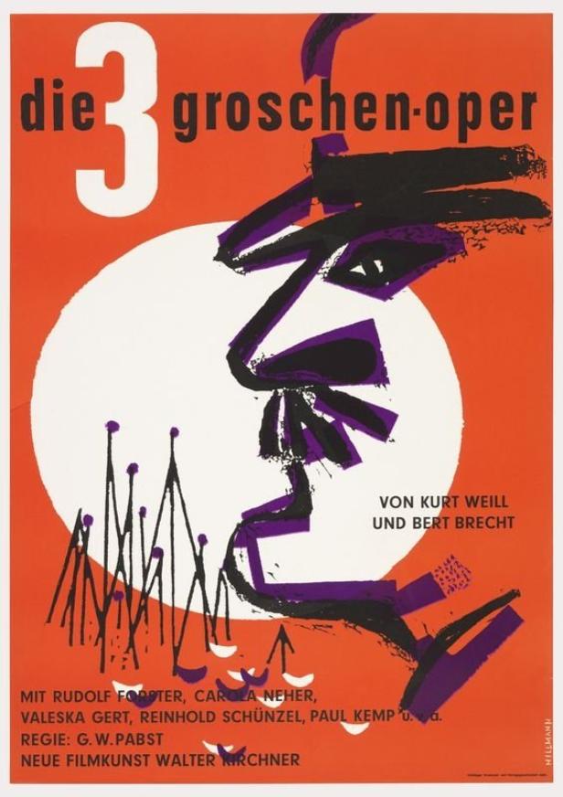 Plakat für „Die 3 Groschen-Oper“ von Kurt Weill und Bert Brecht mit stilisierter Gesichts-Darstellung.