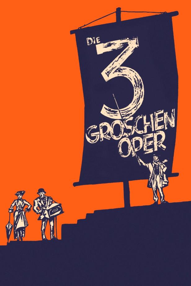 Plakat für „Die Dreigroschenoper“ mit stilisierten Figuren und Schrift.