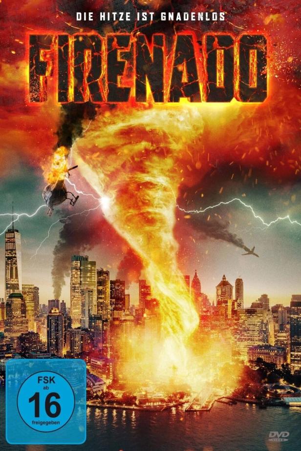 Das Filmplakat für „Firenado“ zeigt einen Feuerwirbel, der sich auf eine Stadt zubewegt.