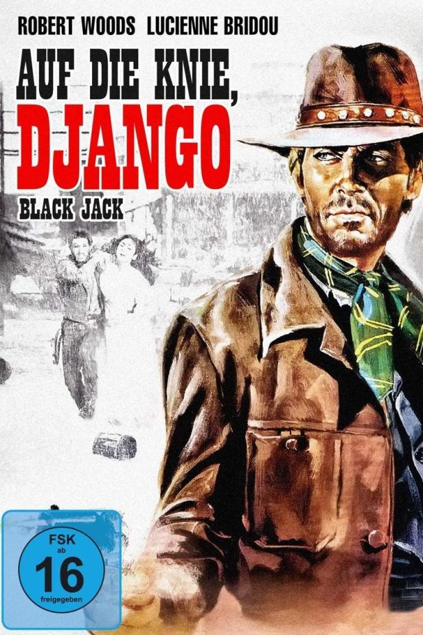 Das Filmplakat für „Auf die Knie, Django“ zeigt einen Cowboy mit Hut und ein Paar im Hintergrund.