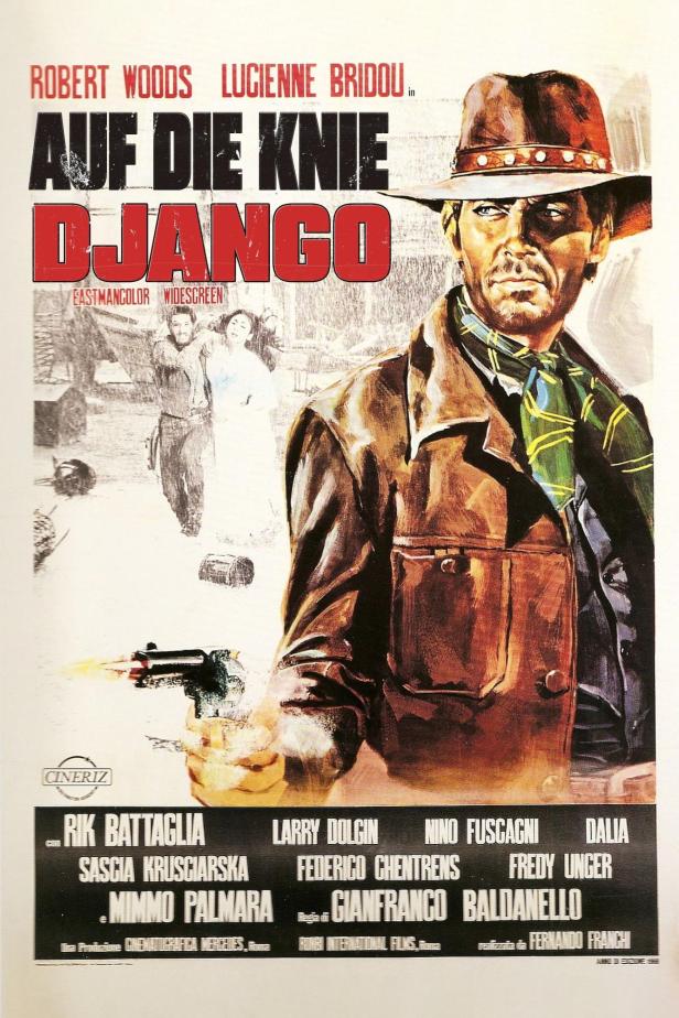 Das Filmplakat für „Auf die Knie, Django“ zeigt einen Revolverhelden mit gezogenem Colt.