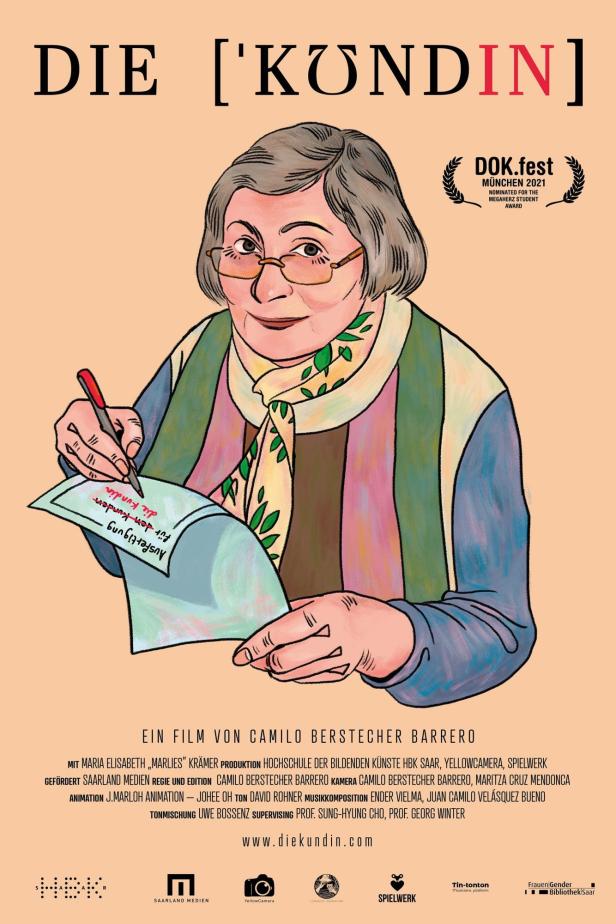 Das animierte Filmplakat für „Die Kundin“ zeigt eine Frau, die etwas auf ein Blatt Papier schreibt.