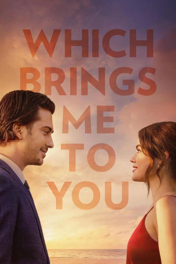 Das Filmplakat für „Which Brings Me to You“ zeigt zwei sich anblickende Personen vor einem Sonnenuntergang.