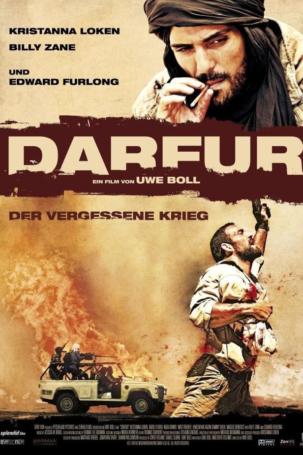 Das Filmplakat für „Darfur“ zeigt Billy Zane mit einer Zigarette und einen brennenden Jeep.