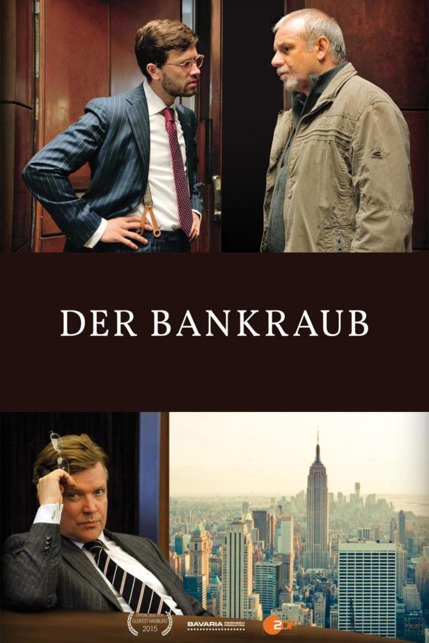 Das Filmplakat für „Der Bankraub“ zeigt zwei Männer im Gespräch und einen Mann mit Blick auf New York.