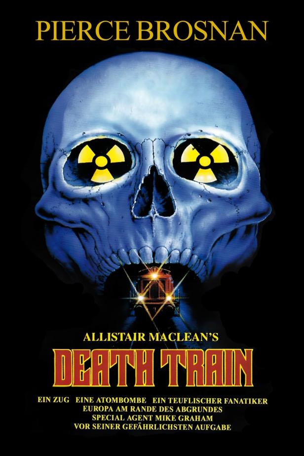 Das Filmplakat für „Death Train“ zeigt einen Totenkopf mit Atomzeichen in den Augen und einen Zug im Mund.