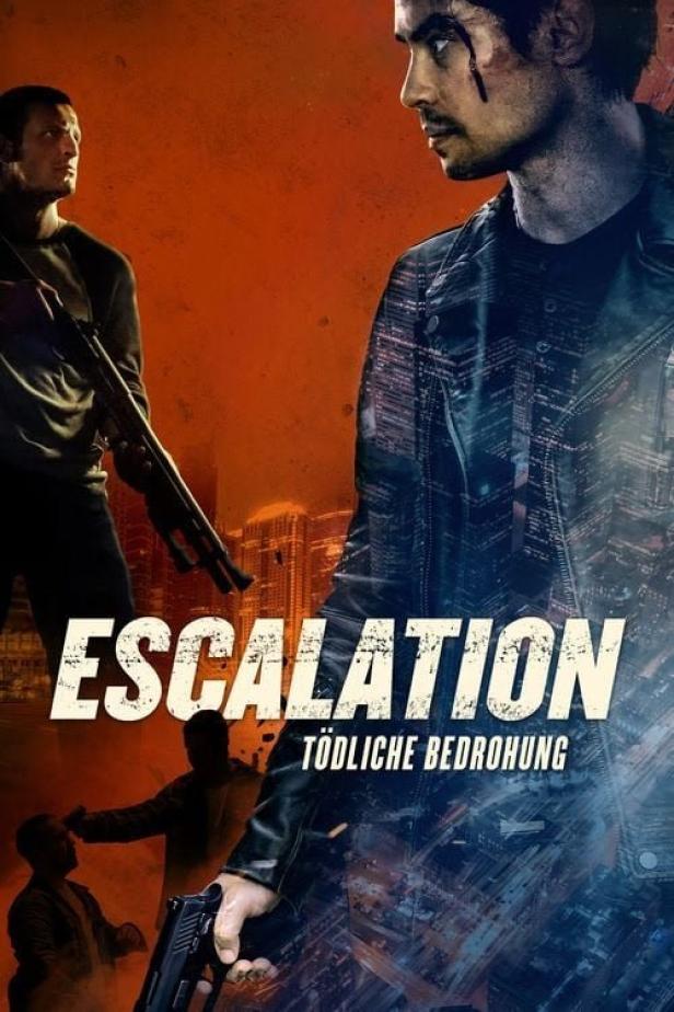 Das Filmplakat für „Escalation: Tödliche Bedrohung“ zeigt zwei bewaffnete Männer vor einer Stadtkulisse.