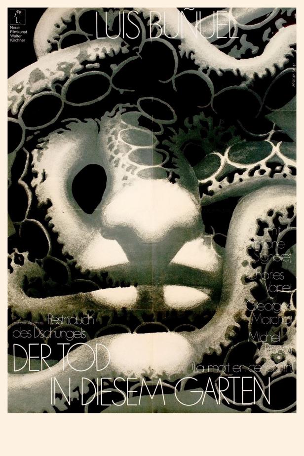 Das Filmplakat für „Der Tod in diesem Garten“ von Luis Buñuel zeigt ein abstraktes Gesicht.