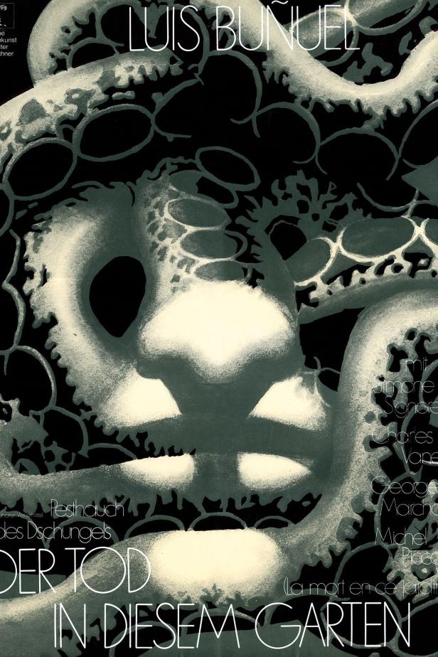 Das Filmplakat für „Der Tod in diesem Garten“ von Luis Buñuel zeigt stilisierte Dschungel-Motive.