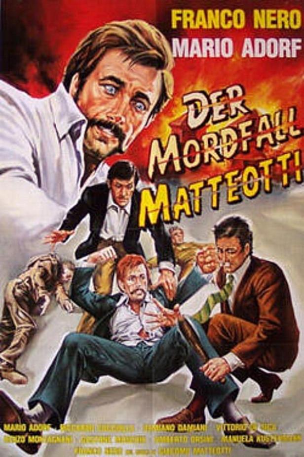 Das Filmplakat für „Der Mordfall Matteotti“ mit Franco Nero und Mario Adorf.
