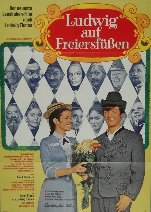Das Filmplakat für „Ludwig auf Freiersfüßen“ zeigt Heidelinde Weis und Hansi Kraus in Tracht.