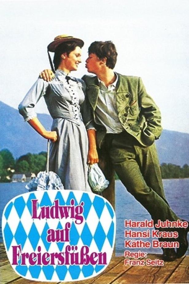 Das Filmplakat für „Ludwig auf Freiersfüßen“ zeigt ein junges Paar in Tracht vor einer Bergkulisse.
