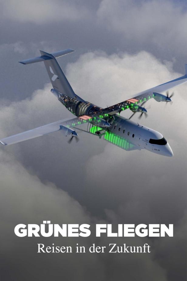 Ein emissionsfreies Flugzeug vom Typ ES-30 im Flug vor einer Wolkenkulisse.