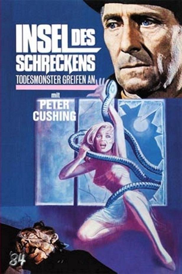 Das Filmplakat für „Insel des Schreckens“ zeigt eine Frau, die von einer Schlange angegriffen wird.
