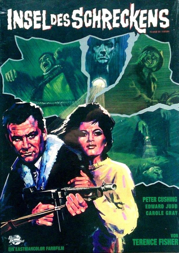 Das Filmplakat für „Insel des Schreckens“ zeigt ein bewaffnetes Paar vor schockierten Gesichtern.