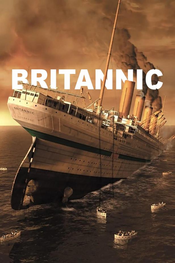 Das sinkende Schiff „Britannic“ mit Rettungsbooten im Wasser.