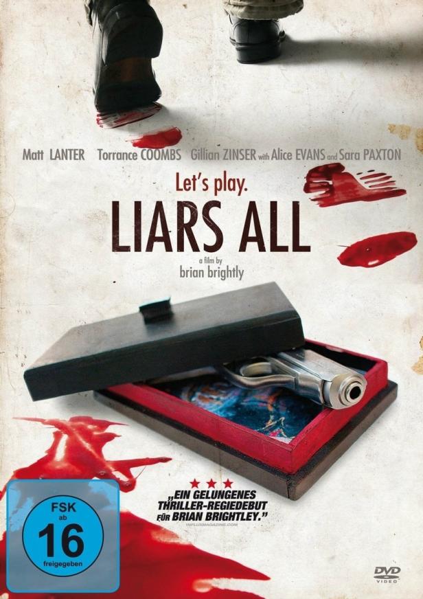 Das Filmplakat für „Liars All“ zeigt eine Pistole in einer Schachtel und Bluttropfen.