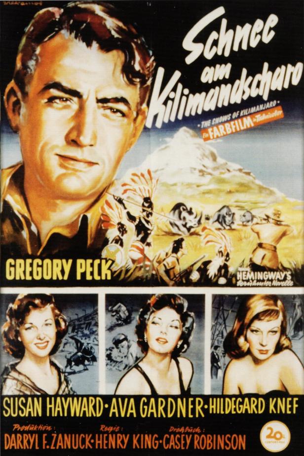 Das Filmplakat für „Schnee am Kilimandscharo“ mit Gregory Peck, Susan Hayward, Ava Gardner und Hildegard Knef.