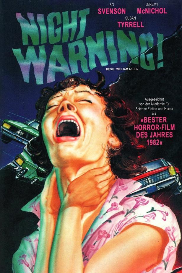 Das Cover des Horrorfilms „Night Warning“ zeigt eine schreiende Frau, die sich an den Hals fasst.