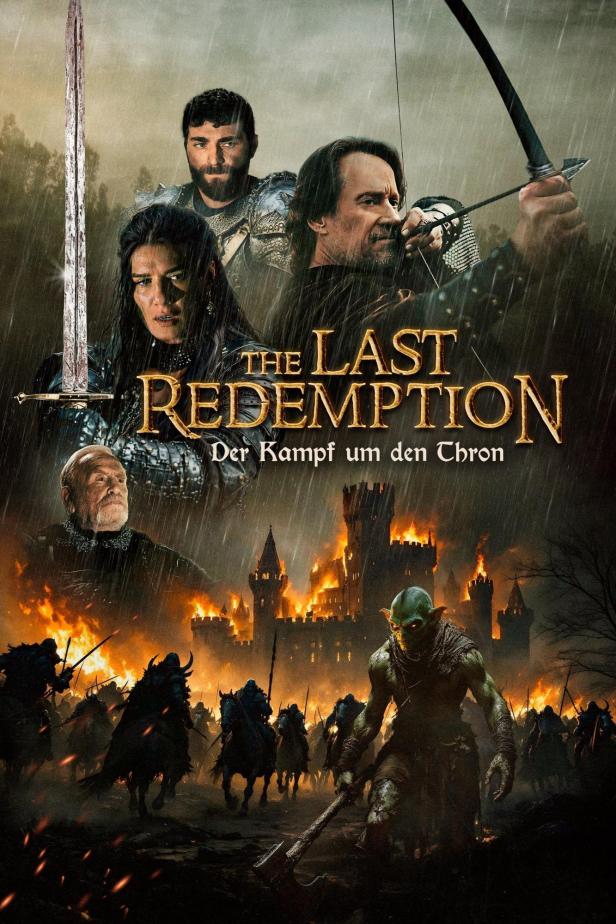 Das Filmplakat für „The Last Redemption“ zeigt eine Schlacht zwischen Menschen und Orks vor einer brennenden Burg.