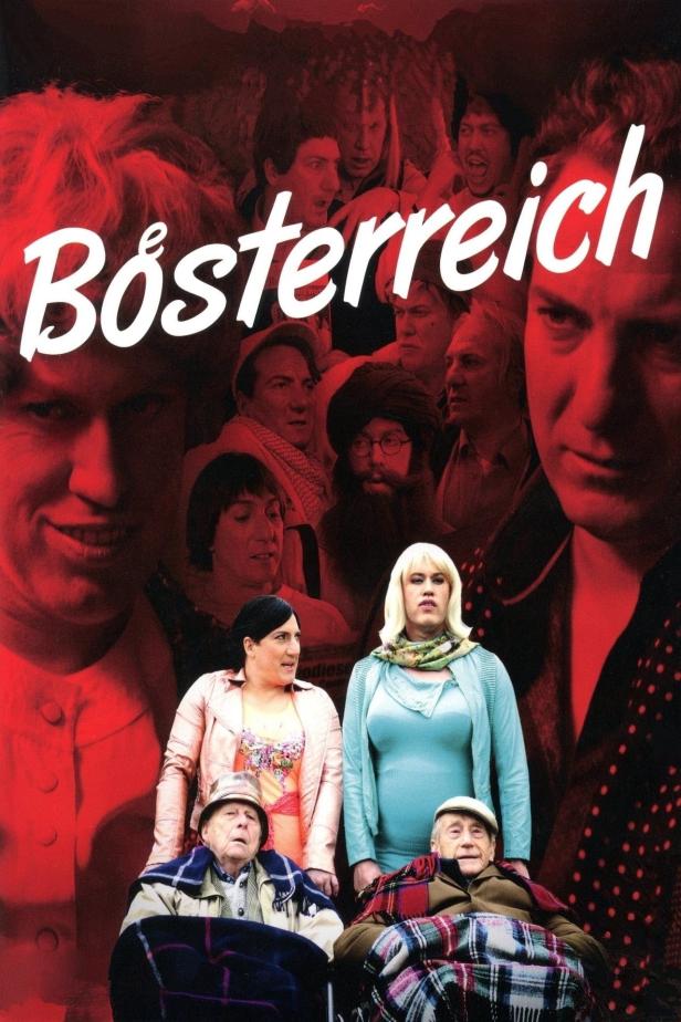 Das Filmplakat für „Bösterreich“ zeigt eine Gruppe von Menschen vor einem roten Hintergrund.