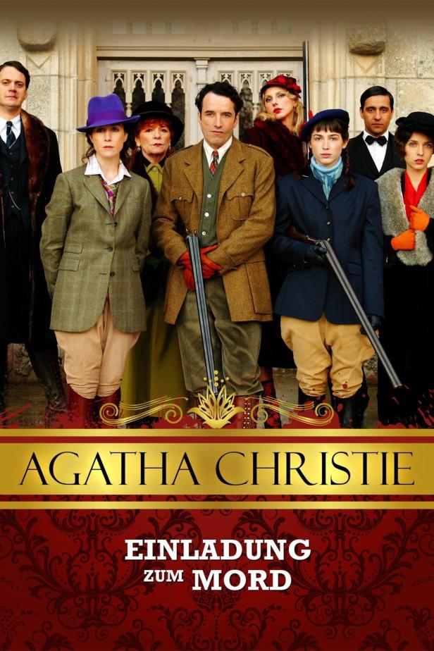 Das Filmplakat für Agatha Christies „Einladung zum Mord“ zeigt eine Gruppe bewaffneter Personen vor einem Herrenhaus.