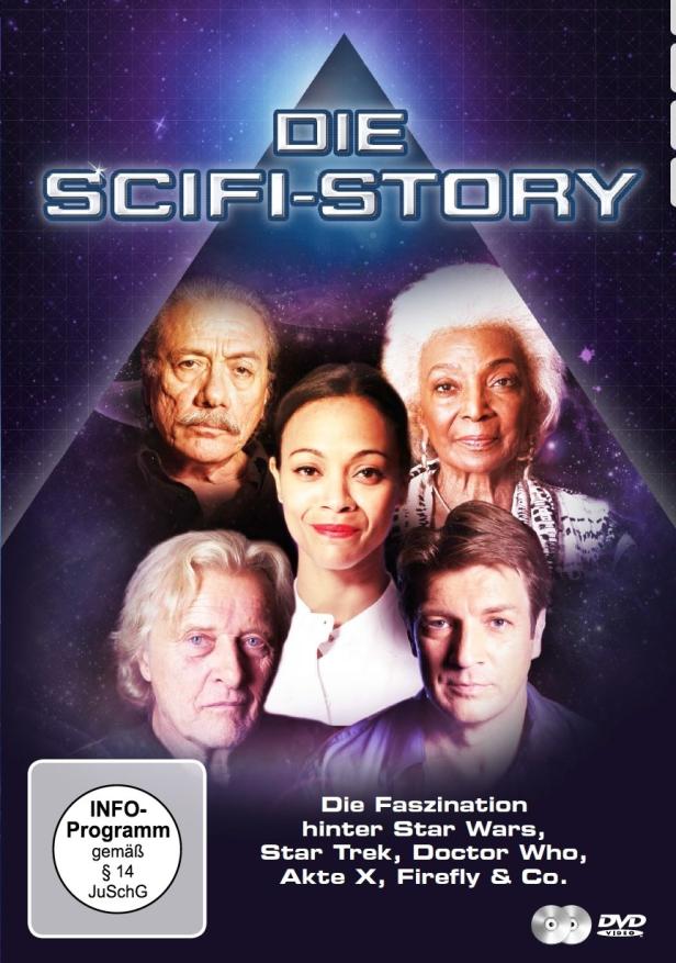 Das DVD-Cover von „Die SciFi-Story“ zeigt Schauspieler aus Star Wars, Star Trek, Doctor Who, Akte X und Firefly.