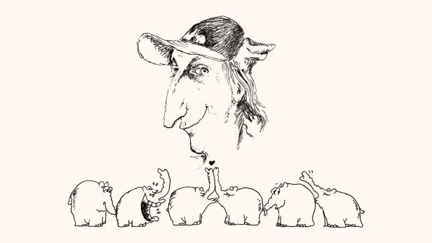 Eine Karikatur zeigt ein Gesicht über einer Reihe von Elefanten, von denen zwei sich küssen.