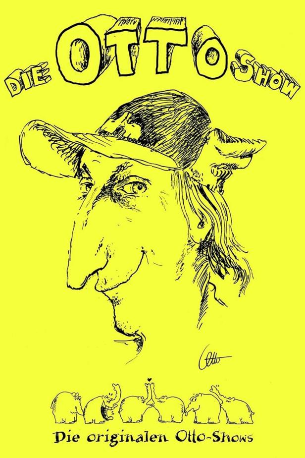 Eine Karikatur von Otto Waalkes auf einem gelben Hintergrund, Werbung für „Die originalen Otto-Shows“.