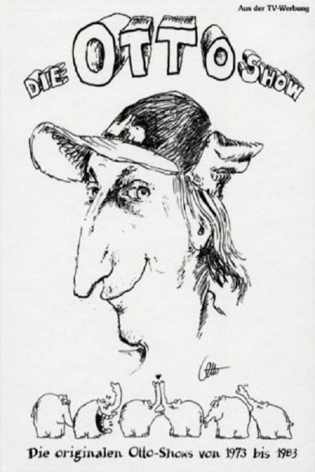 Eine Karikatur von Otto Waalkes mit Elefanten, die auf seine „Otto Show“ von 1973 bis 1983 hinweist.