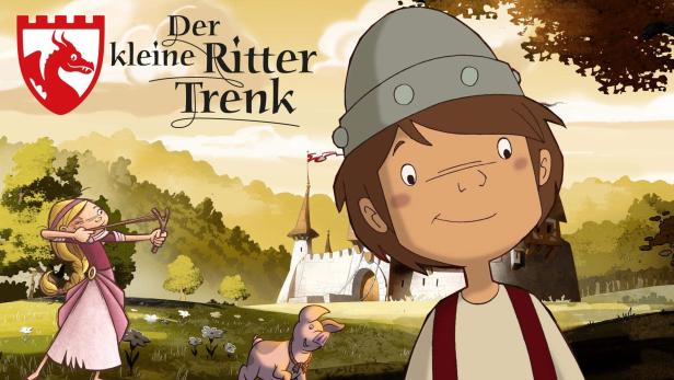 Szene aus der Kinderserie „Der kleine Ritter Trenk“ mit Trenk, Thekla und einem Schwein vor einer Burg.