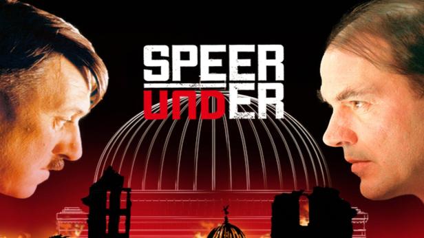 Das Filmplakat für „Speer und Er“ zeigt Hitler und Albert Speer vor einer stilisierten Architekturkulisse.