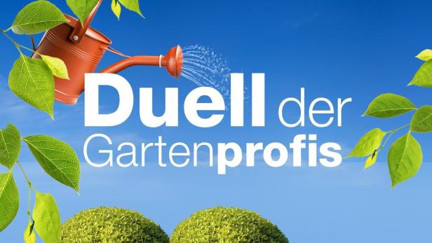 Eine Gießkanne bewässert den Schriftzug „Duell der Gartenprofis“.
