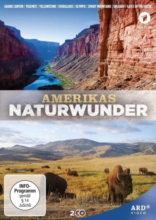 Das Cover der DVD „Amerikas Naturwunder“ zeigt den Grand Canyon und eine Bisonherde in einer weiten Landschaft.