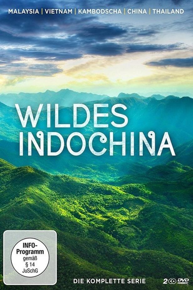 Das Cover der DVD-Box „Wildes Indochina“ zeigt eine grüne Hügellandschaft unter einem bewölkten Himmel.