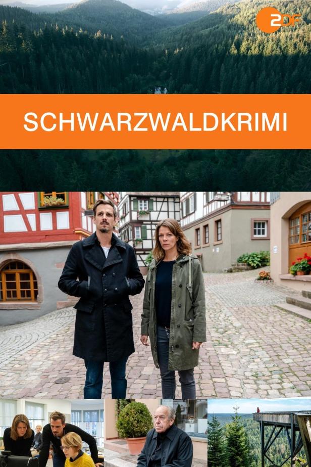 Das Filmplakat für „Schwarzwaldkrimi“ zeigt zwei Ermittler vor Fachwerkhäusern.