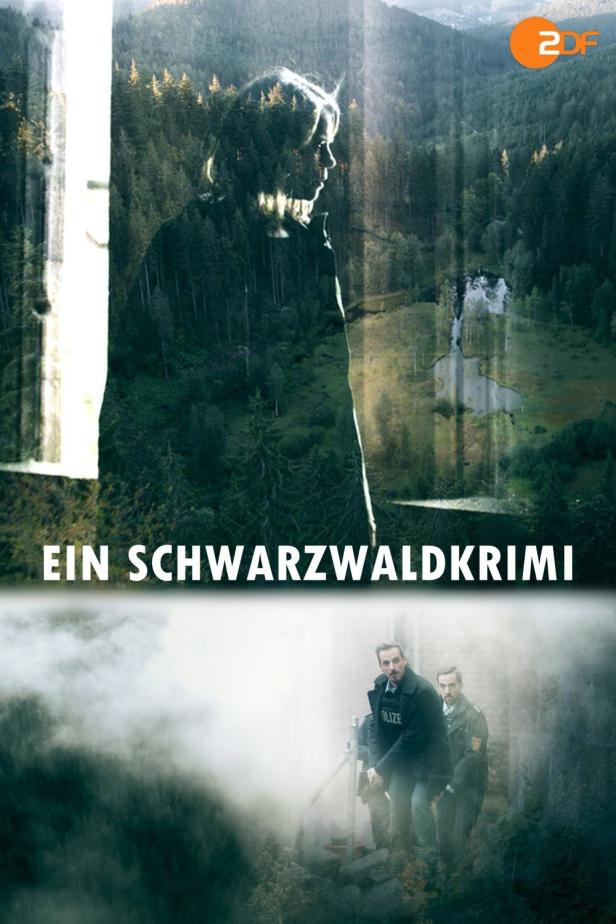 Das Filmplakat für „Ein Schwarzwaldkrimi“ zeigt eine Frau und Polizisten vor einem Wald.
