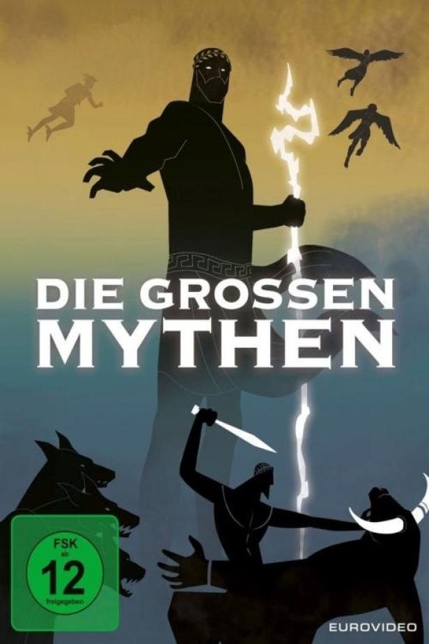 Das Cover der DVD „Die großen Mythen“ zeigt stilisierte Figuren der griechischen Mythologie.