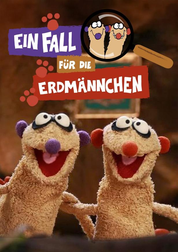 Das Poster für „Ein Fall für die Erdmännchen“ zeigt zwei Erdmännchen-Puppen.