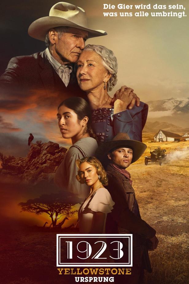 Das Filmplakat zu „1923: Yellowstone-Ursprung“ zeigt Harrison Ford, Helen Mirren und weitere Darsteller.