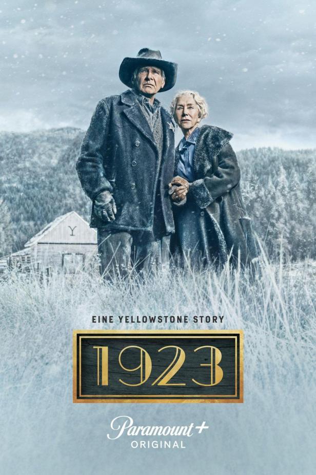 Harrison Ford und Helen Mirren auf dem verschneiten Poster für „1923: Eine Yellowstone Geschichte“.