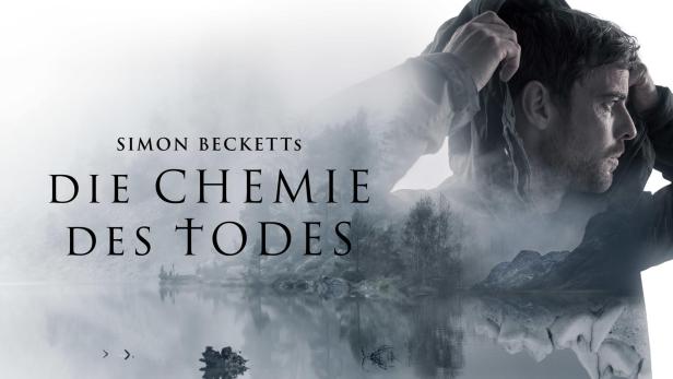 Das Buchcover von Simon Becketts „Die Chemie des Todes“ zeigt einen Mann vor einer nebligen Landschaft.