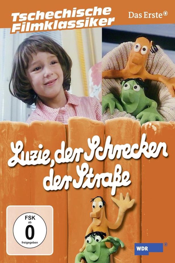Das Cover des tschechischen Films „Luzie, der Schrecken der Straße“ mit einem Mädchen und animierten Figuren.