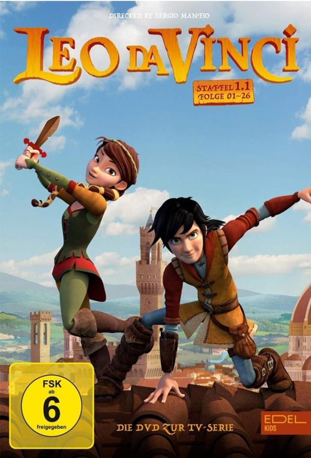 Das DVD-Cover der ersten Staffel von „Leo da Vinci“ mit den animierten Hauptfiguren.