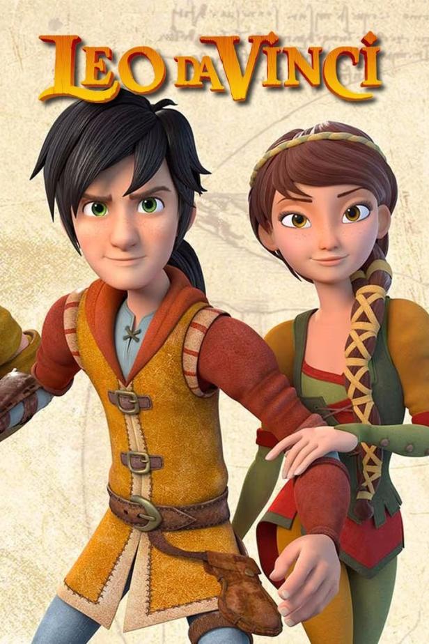 Ein animiertes Bild von Leo da Vinci und einem Mädchen vor einem beigen Hintergrund.