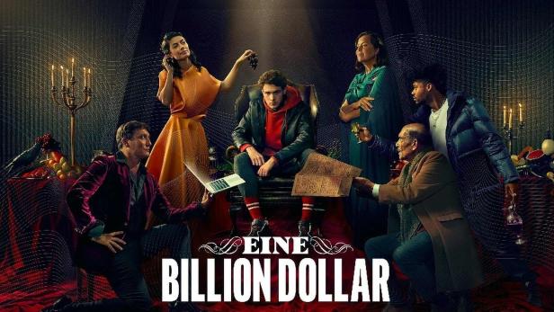 Das Filmplakat für „Eine Billion Dollar“ zeigt eine Gruppe von Menschen um einen jungen Mann auf einem Thron.